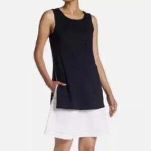 THEORY Malkan Cotton White and Navy Blue Contrast Sleeveless Midi Dress S